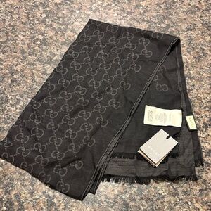 Gucci Dark Charcoal Monogram scarf reversible GG jacquard black & grey wool silk